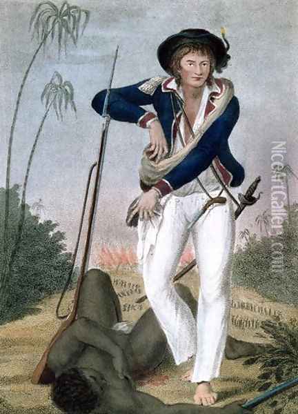 Self Portrait of the artist with a dead slave at his feet, from Narrative of a Five Years Expedition against the Revolted Negroes of Surinam, in Guiana, on the Wild Coast of South America, from the year 1772 to 1777, engraved by Francesco Bartolozzi Oil Painting - John Gabriel Stedman