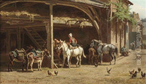 Donkeys And Horses Gathered Under A Shelter On A Summer's Day Oil Painting - Willem Carel Nakken