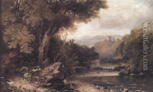 A Wooded River Landscape With Distant Castle Oil Painting - Horatio McCulloch