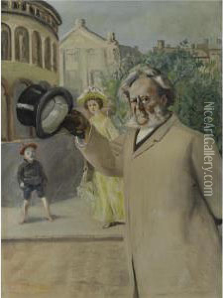 Ibsen Pa Karl Johan Ved 
Stortinget (ibsen By The Parliament Building On Karl Johan Street) Oil Painting - Christian Krohg