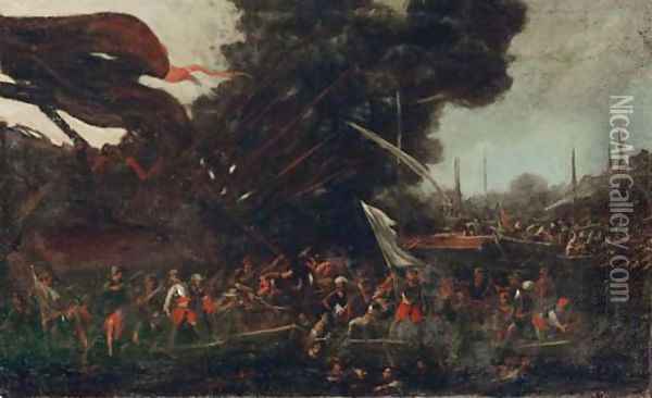 A naval battle between Turks and Christians Oil Painting - Cornelis de Wael