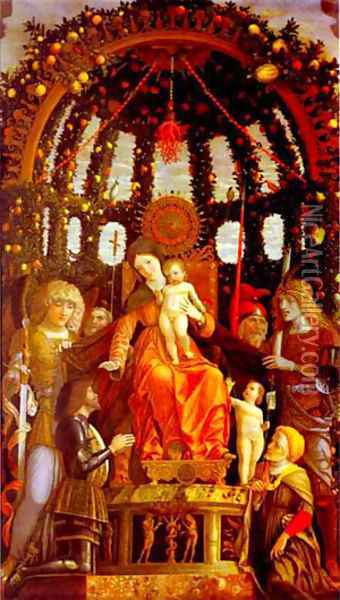 Virgin And Child Surrounded By Six Saints And Gianfrancesco Li Gonzaga Known As The Madonna Of Victory 1495 Oil Painting - Andrea Mantegna