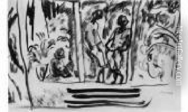 Aquarelle Sur Trait De Pinceau A
 L'encre De Chine. Cachet De La Signature (lugt No. 2014a). Timbre De 
L'atelier (lugt No. 2014b) En Bas A Droite. 19 X 29 Cm. Oil Painting - Jules Pascin