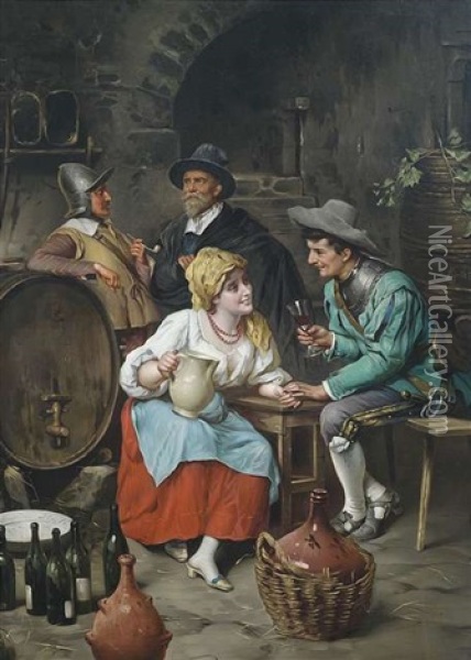 Weinprobe Im Keller. Ein Junger Kavalier Flirtet Mit Der Wirtstochter Oil Painting - Pietro Pajetta