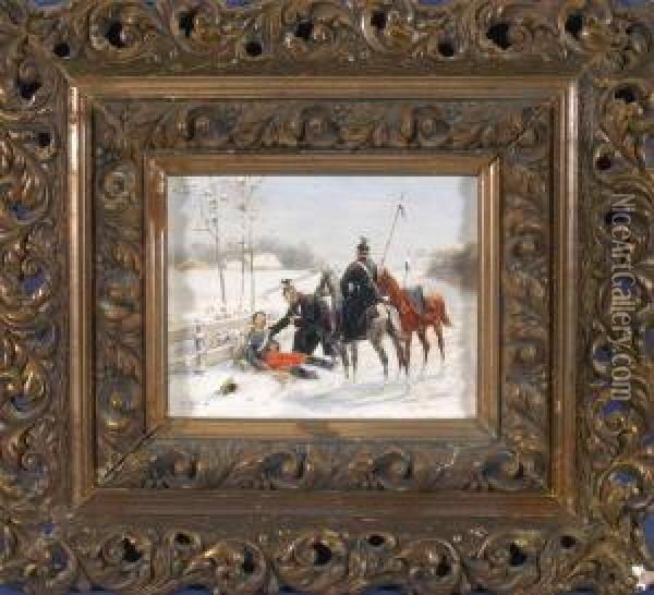 Zwei Preusische Ulane Versorgen Einen Verwundeten Soldaten In Winterlandschaft Oil Painting - Christian Ii Sell