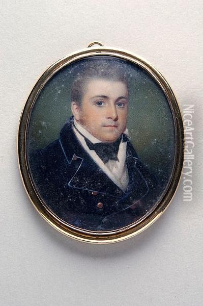 A Young Gentleman Having Fair Hair And Blue Eyes And Wearing A Blue Coat With Gold Buttons, White Shirt And Waistcoat And Black Stock, Against A Green Stippled Ground Oil Painting - William John Newton