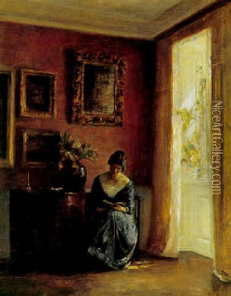 Interior Med Kvinde Laesende Ved Vinduet Oil Painting - Carl Vilhelm Holsoe