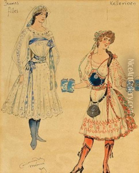 A Group Of Original Costume Designs For La Scala, Milan Oil Painting - Luigi Sapelli