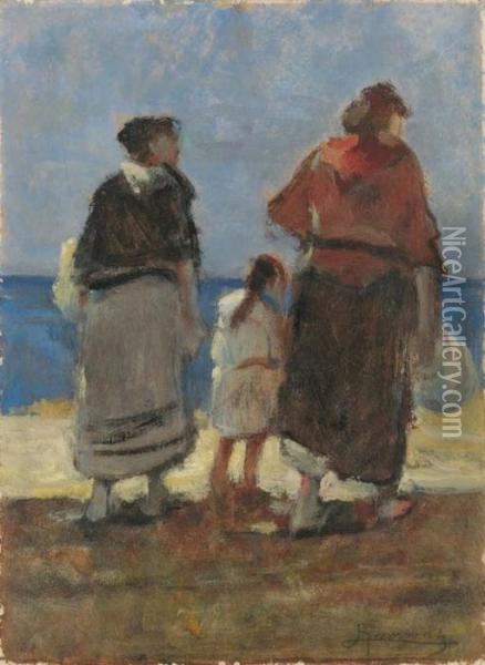 Donne Sulla Spiaggia Oil Painting - Ludovico Tommasi