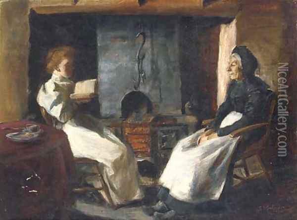 A fireside story Oil Painting - Continental School