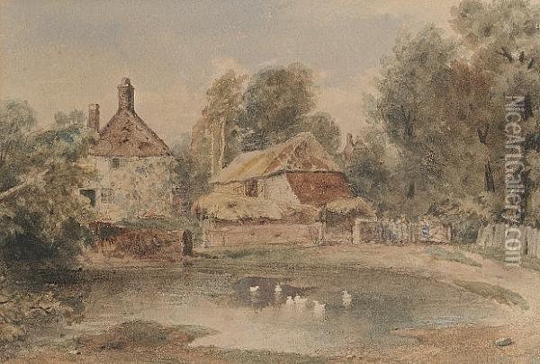A Farmstead With Ducks On A Pond Oil Painting - Peter de Wint