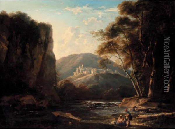Classical Landscape With Figures Resting By A Stream Oil Painting - Thomas Barker of Bath