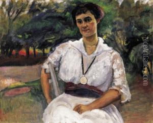 Girl In White Dress In The Garden Oil Painting - Robert Bereny