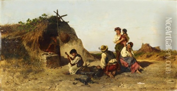 Familie Vor Ihrem Lager In Der Puszta Oil Painting - Pal (Paul) Boehm