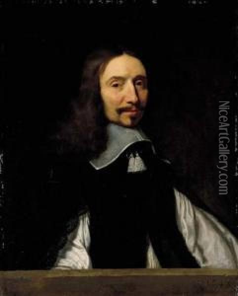 Portrait Of A Gentleman, 
Presumably The Academician, Vincent Voiture, Bust-length, In A Black 
Doublet With Slashed Sleeves, At A Stone Ledge Oil Painting - Philippe de Champaigne
