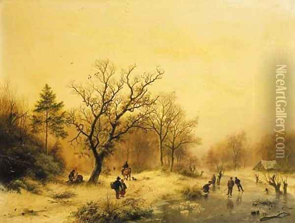A snow-covered forest with skaters on a frozen waterway Oil Painting - Barend Cornelis Koekkoek