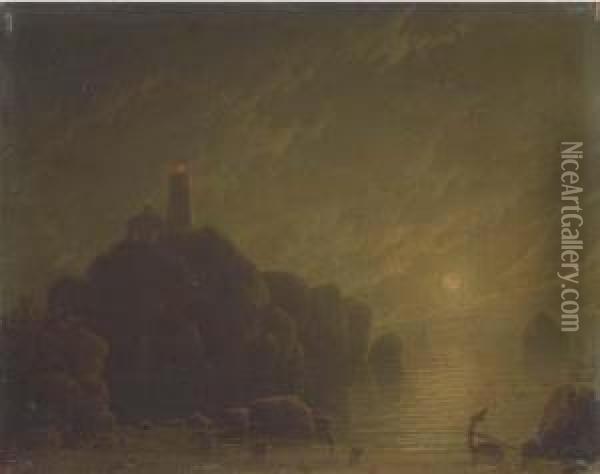Moonlight Scene With Lighthouse Oil Painting - Robert Salmon
