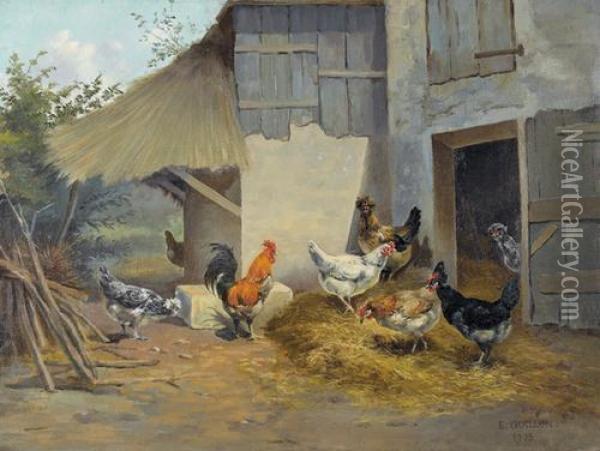 Auf Dem Huhnerhof. Oil Painting - Eugene Antoine Guillon