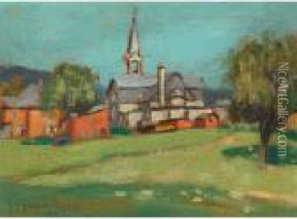 Country Village With Church Oil Painting - John Young Johnstone