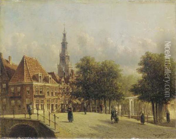 Townsfolk Strolling On A Bridge With A Churchtower In The Distance Oil Painting - Pieter Gerard Vertin
