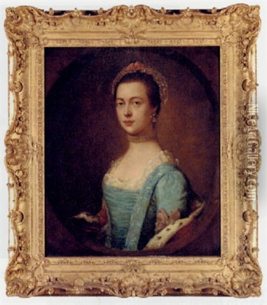 Portrait Of A Lady (mrs. William Talbot Baker?), Three-quarter-length, In A Blue Dress And Pearl Choker Oil Painting - Thomas Gainsborough