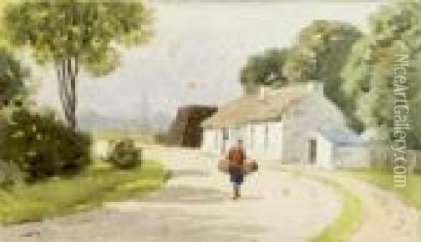Woman Walking By A Cottage Oil Painting - Joseph Carey Carey
