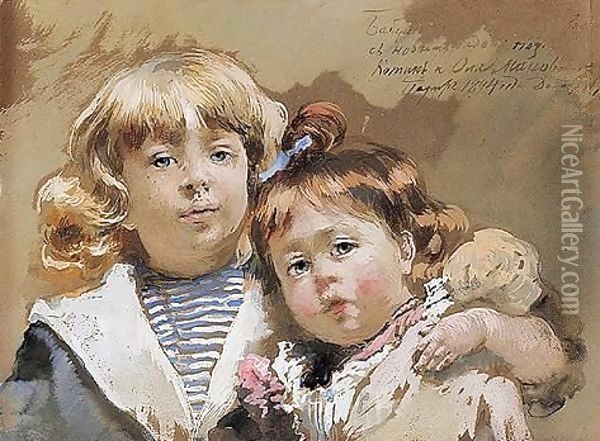 New Year 1894 Katya And Olga Makovsky Oil Painting - Konstantin Egorovich Egorovich Makovsky