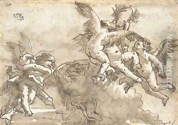 Putti playing with a crown of laurels, Cupid blindfolded to the left Oil Painting - Giovanni Domenico Tiepolo