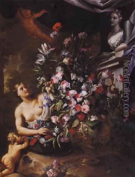 Ninfa e putti che sistemano fiori davanti a un'urna (collab. w-Nicola Vaccaro) 1675-99 Oil Painting - Andrea Belvedere