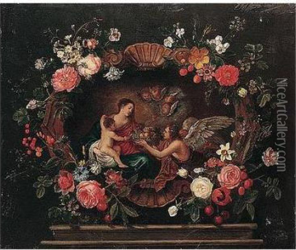 The Virgin And Child Attended By
 Angels, Within A Cartouche Adorned With Fruit And Flowers Oil Painting - Frans Ykens