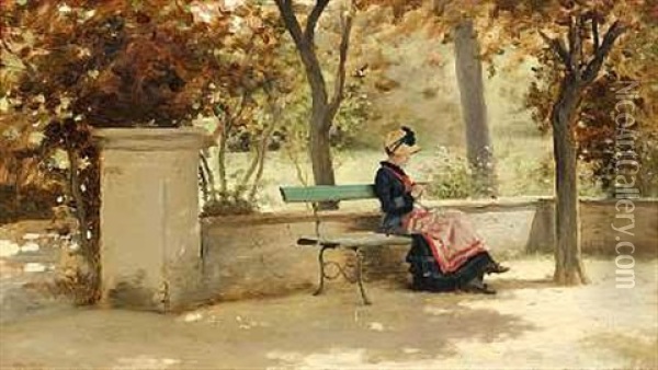 En Dame Pa En Baenk I En Have Oil Painting - Jules Frederic Ballavoine