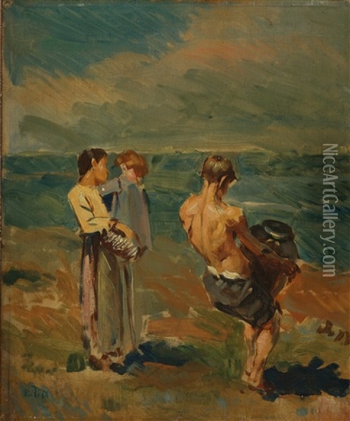 Famiglia In Riva Al Mare Oil Painting - Ettore Tito