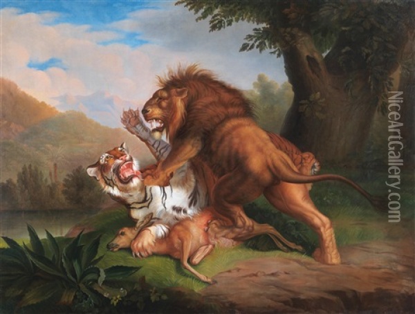 A Tiger And A Lion Fight Over A Fawn Oil Painting - Wenceslaus (Wenzel) Peter