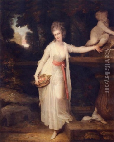 Portrait Of Mary Curzon, Lady Stawell, Standing By A Fountain, Wearing A White Dress And Holding A Basket Of Fruit Oil Painting - Richard Cosway