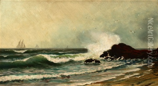 Coastal With Crashing Wave And Distant Sails Oil Painting - Alfred Thompson Bricher