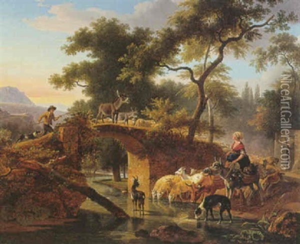 Bergere Abreuvant Son Troupeau Pres D'un Pont Oil Painting - Jean-Louis Demarne