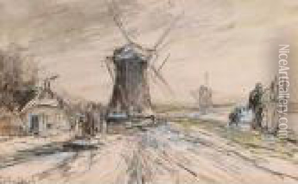 A Polder Landscape With Windmills In Winter Time Oil Painting - Louis Apol