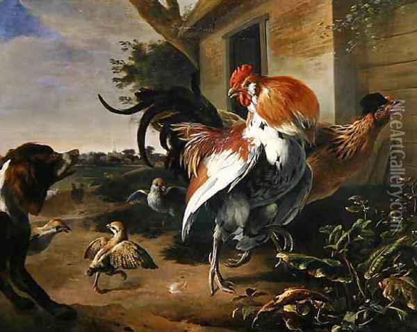 Poultry and Spaniel in a farmyard Oil Painting - Melchior de Hondecoeter