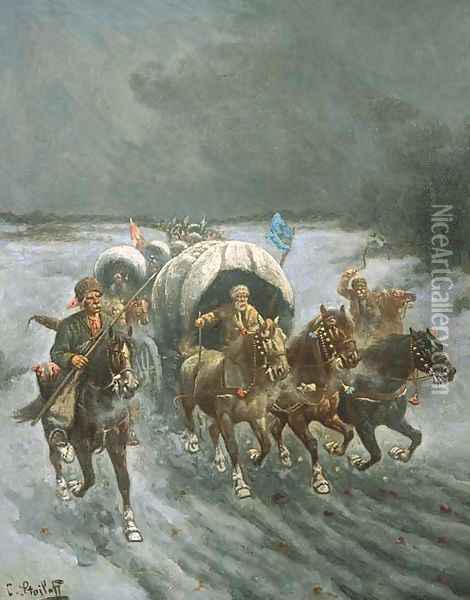 Russian Caravans in the Snow Oil Painting - Constantin Stoiloff