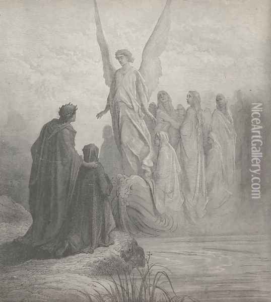 The heav'nly steersman at the prow was seen, (Canto II., line 45) Oil Painting - Gustave Dore