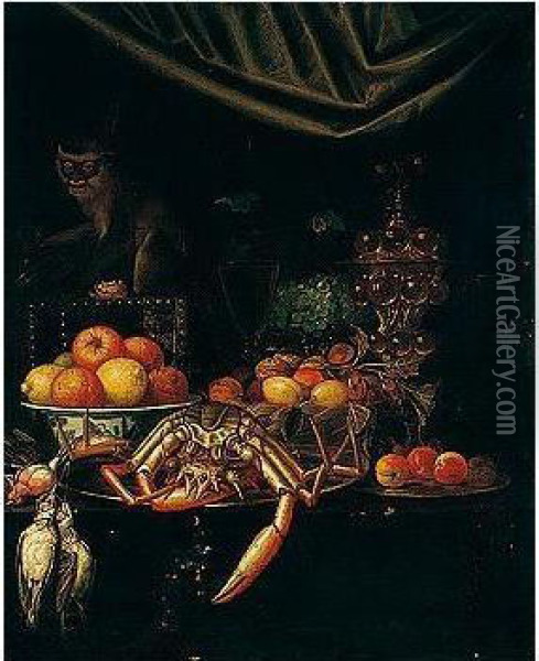 A Still Life Of Oranges And Lemons In A Porcelain Bowl, Fruit And Nuts In A Wicker Basket, Grapes On A Silver Tazza, Apricots And A Spider Crab On Pewter Plates, An Ormolu Goblet And A Wine Glass, Songbirds, Arranged Upon A Table Top, Together With A Monk Oil Painting - Andries, Andrea Benedetti