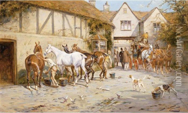 Horses Being Groomed In A Courtyard Outside A Stable Oil Painting - George Wright