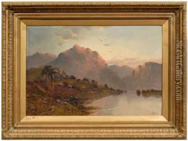 Highland Lake With Cottages Oil Painting - John Henry Boel