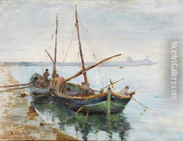 Barche Sul Porto Oil Painting - Evasio Montanella