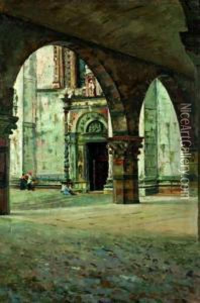 La Porta Della Rana E Il Portico Del Broletto Del Duomo Di Como Oil Painting - Domenico Rabioglio