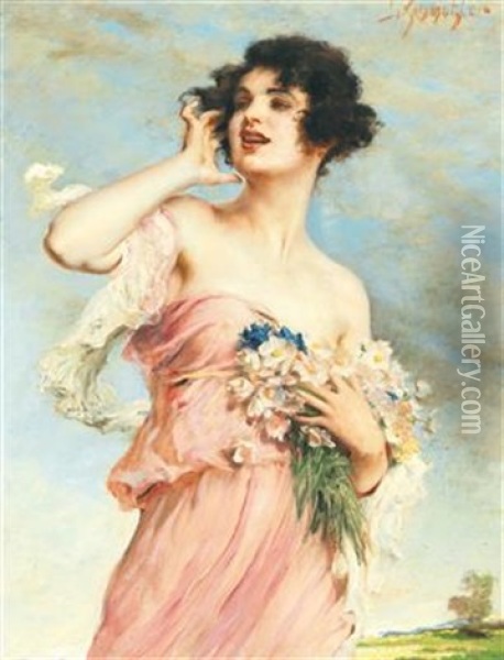 Young Beauty With Bouquet Of Flowers Oil Painting - Leopold Schmutzler