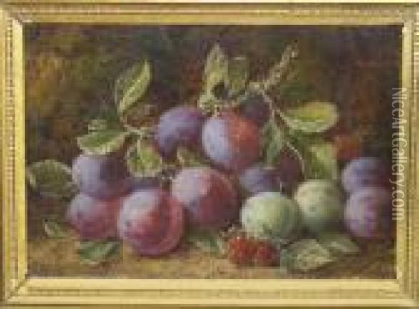 Still Life Of Plums, Greengages And Raspberries Against A Mossy Bank Signed Oil Painting - George Clare