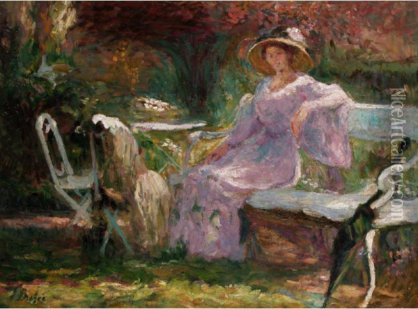 Woman Seated On A Bench In A Garden Oil Painting - Louise Brohee