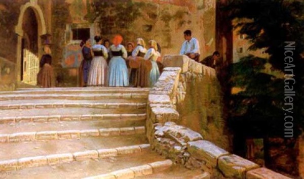 Nachmittag Auf Der Treppe In Civita D'antino (in Den Abruzzen Bei Rom) Oil Painting - Knud Sinding