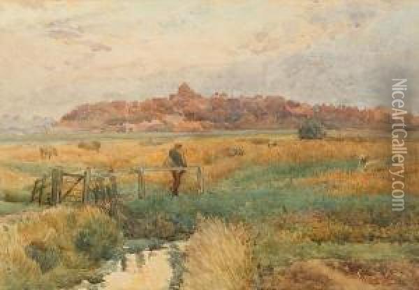 Sheep Grazing Before A Town Oil Painting - Henry Sheppard Dale